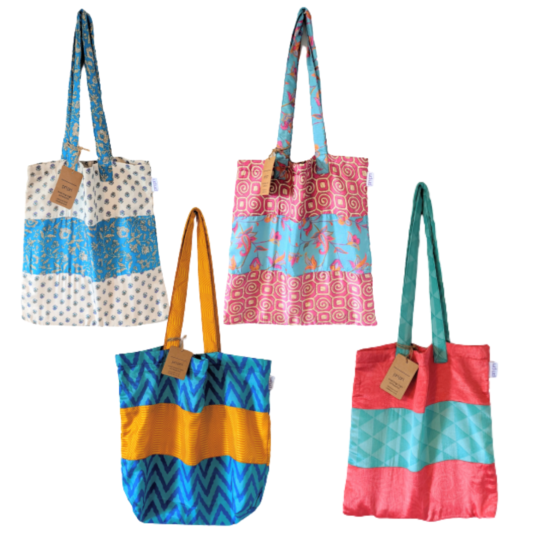 Pri Pri - Vente Tote bag – femme - Sac fourre-tout upcyclé en sari, doublé, couleurs variées, fabrication éthique1