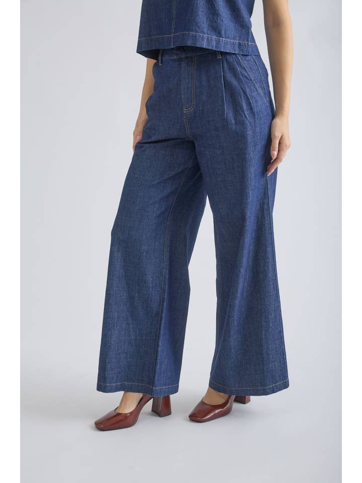 HIGH WAIST PLEATED WIDE LEG DENIM PANTS for wholesale on Faire2
