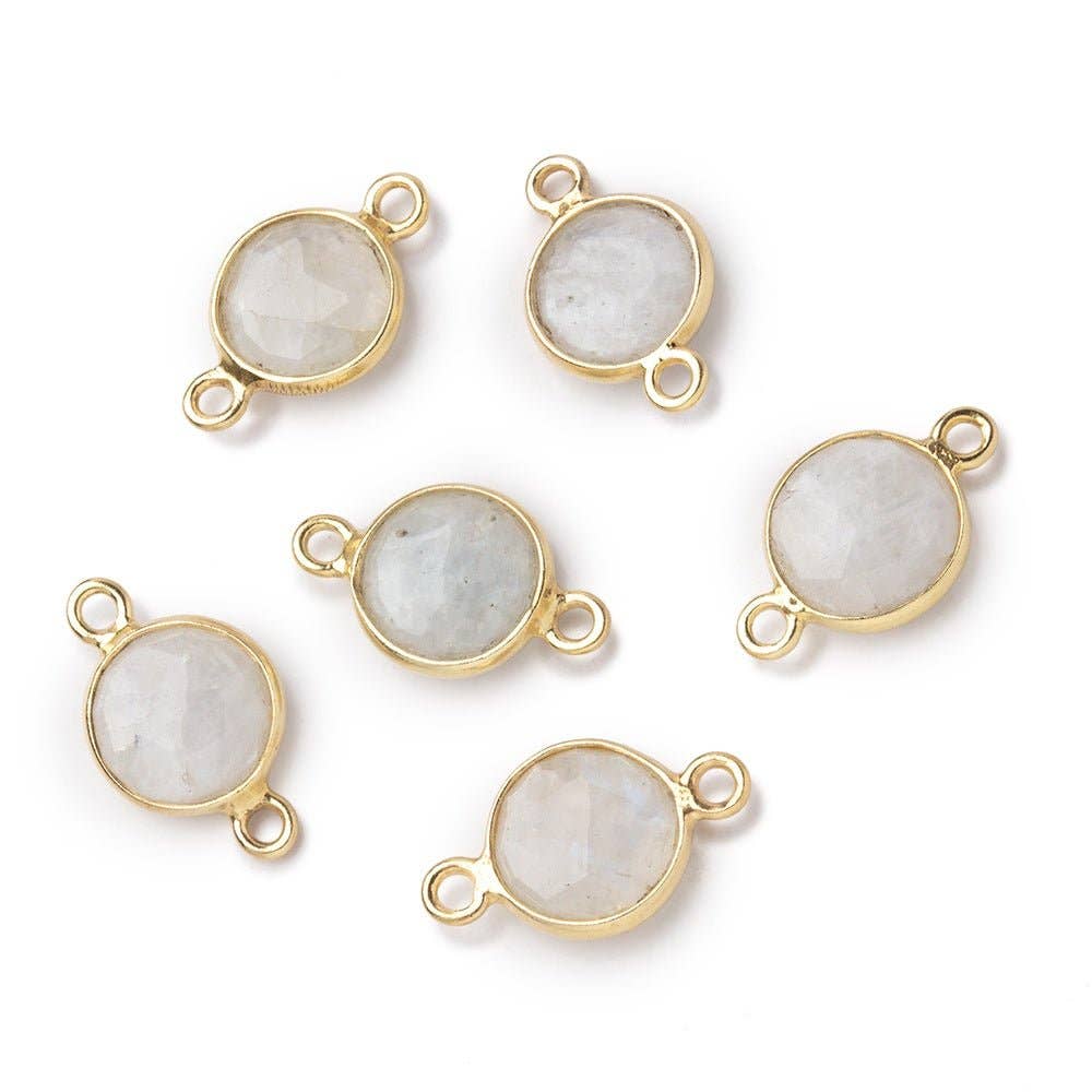 Beads of Cambay - Wholesale Individual Charm/Pendant - 9mm Vermeil Bezel Rainbow Moonstone Faceted Coin Connector 1 piece0