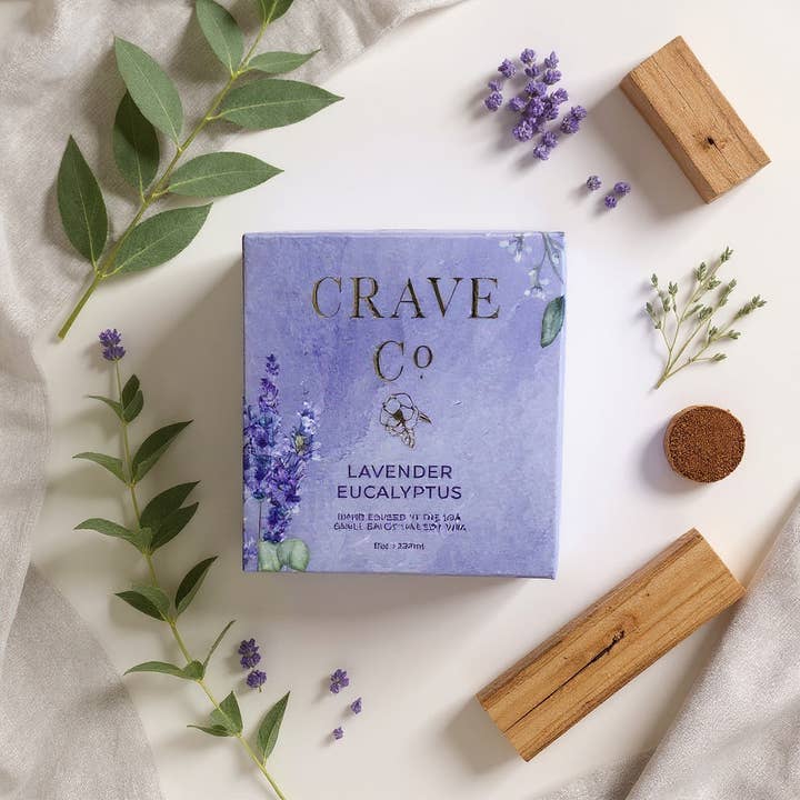 Bougie en boîte Lavande Eucalyptus pour la vente par Crave Candle Co. LLC