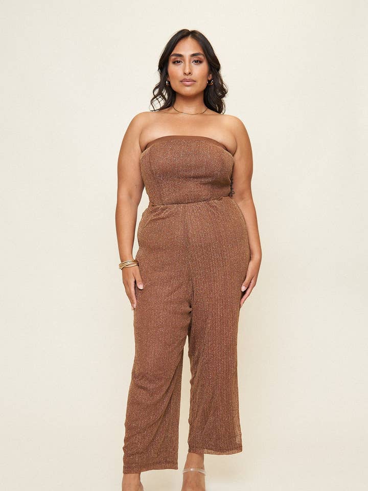 “Megan" Cut-Out Jumpsuit in Chocolate Shimmer Mesh Plus Size for wholesale by What Lo Wants