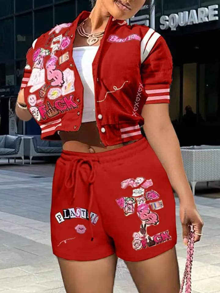 Flarix - Wholesale Top & Short Set (NOT Loungewear) - Women's - letter graphic pattern baseball top shorts set15