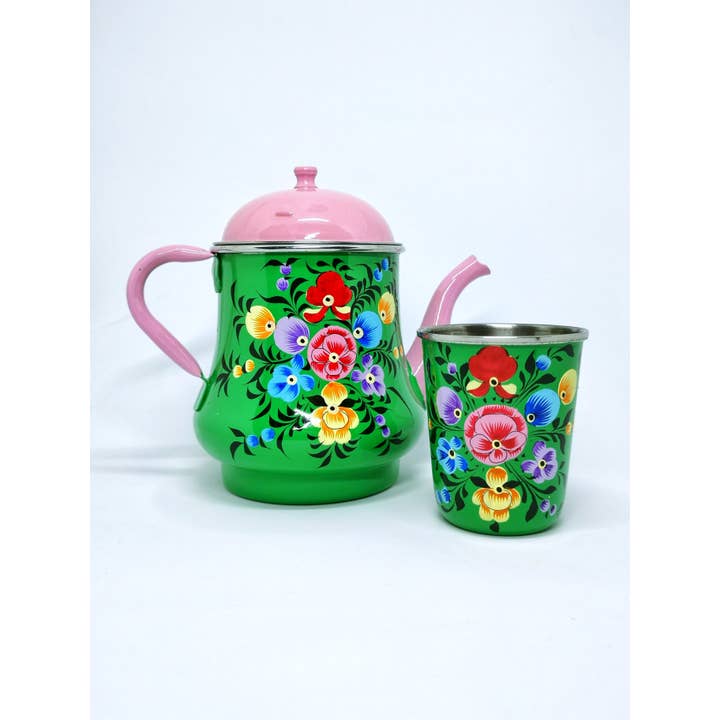 Nayda Diaries - Wholesale Tea Pot - Indian enamel teapot with green flower pattern