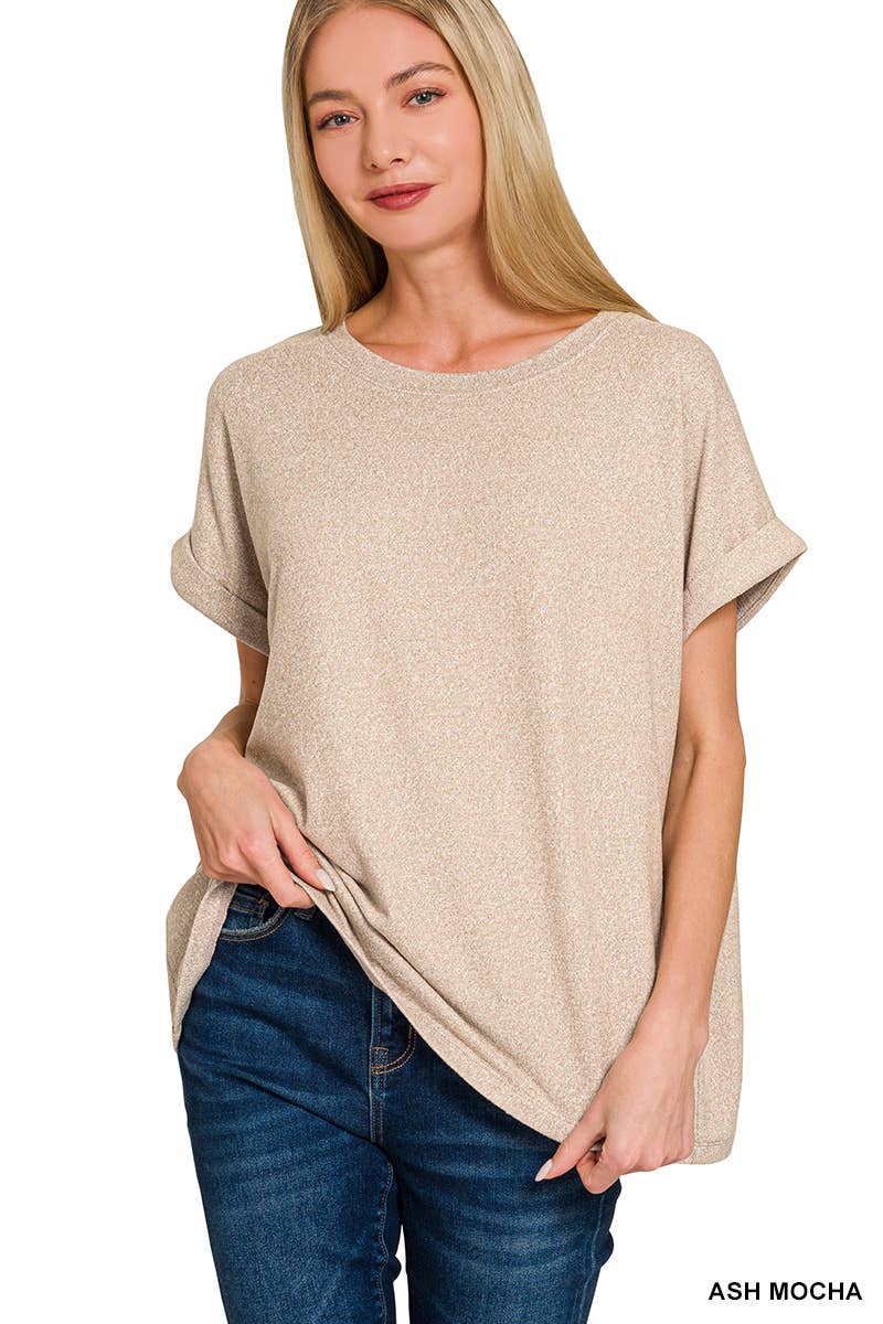 42POPS - Wholesale Knit Top - Women's - `.Soft Melange Folded Sleeve Round Neck Top12