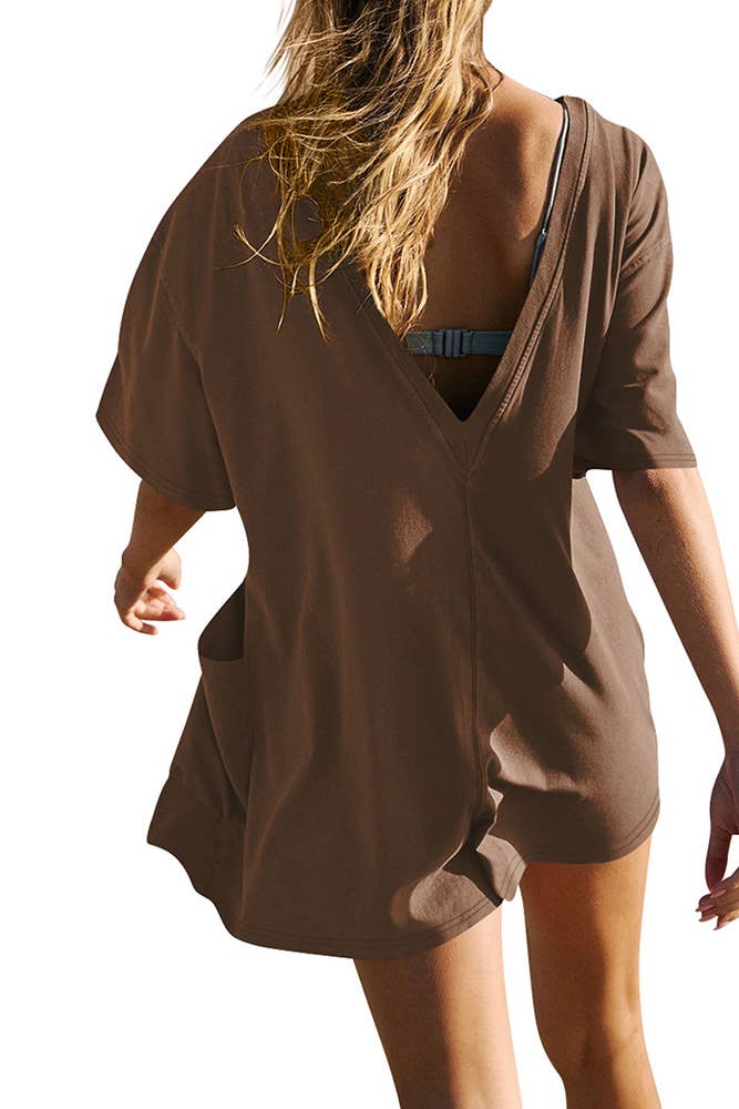 UNISHE - Wholesale Romper - Women's - Backless V Neck Short Sleeves Loose Pockets Romper ASJP07911