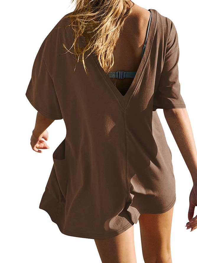 UNISHE - Wholesale Romper - Women's - Backless V Neck Short Sleeves Loose Pockets Romper ASJP07911