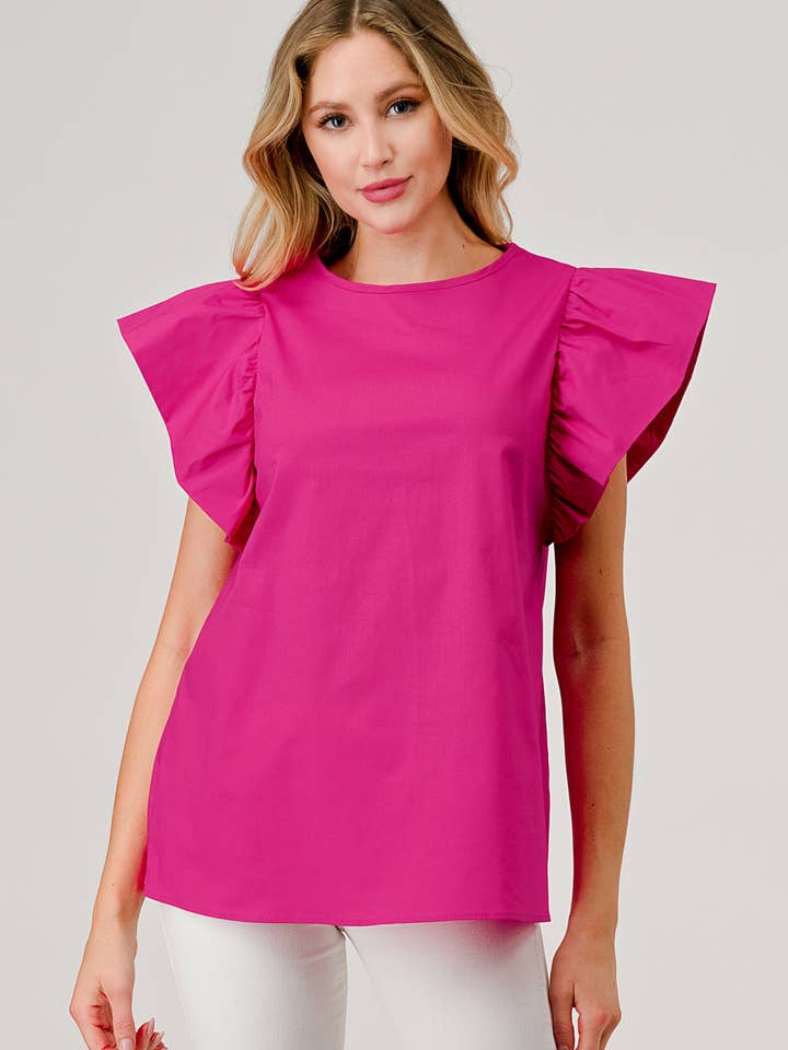 Pixi + Ivy - Wholesale Blouse - Women's - Poplin Exaggerated Ruffle Sleeve Hot Pink