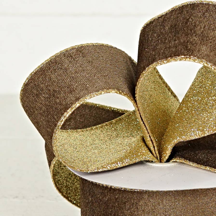 Holiday Depot Inc. - Wholesale Ribbon - Gift Wrapping - 57R0902 - 2.5inWx10Yard Wired Ribbon-Cappuccino Velvet/Gold4