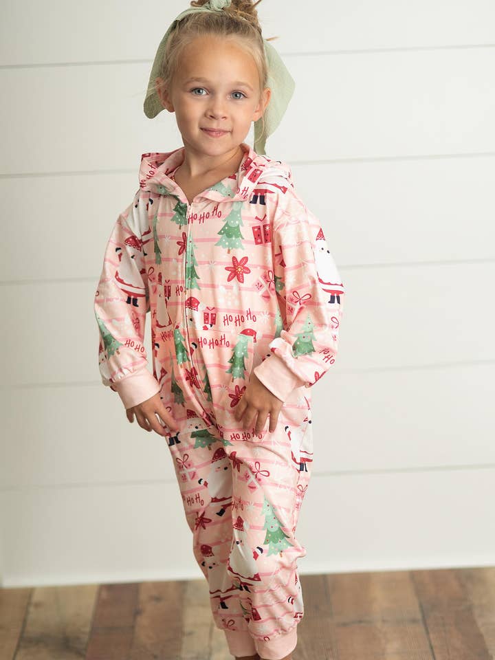 Adorable Sweetness - Wholesale Onesie - Kids - Kids Pink Santa Lounge Zip Hoodie Onesie with Critter Ears