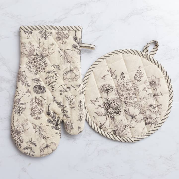 Gant de cuisine et porte-casseroles - Black And White Botanicals pour la vente par Audrey's Home & Gift