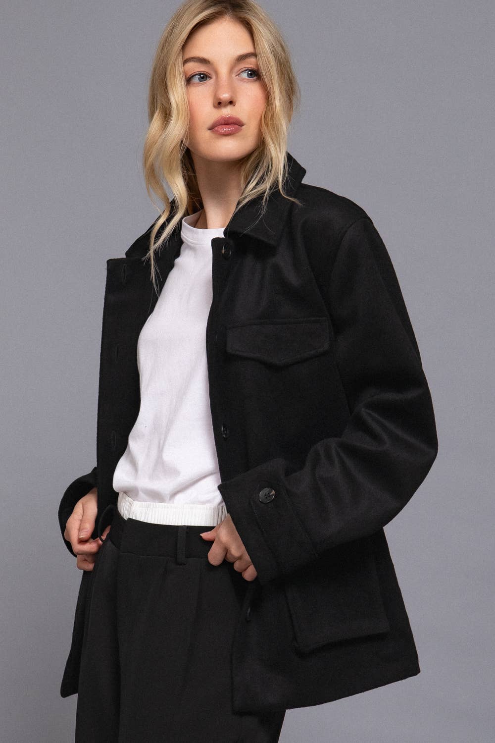 Active Basic | Active USA - Vente Manteau – femme - Manteau en feutre doux à manches longues avec boutons dissimulés à l'avant et rabat5