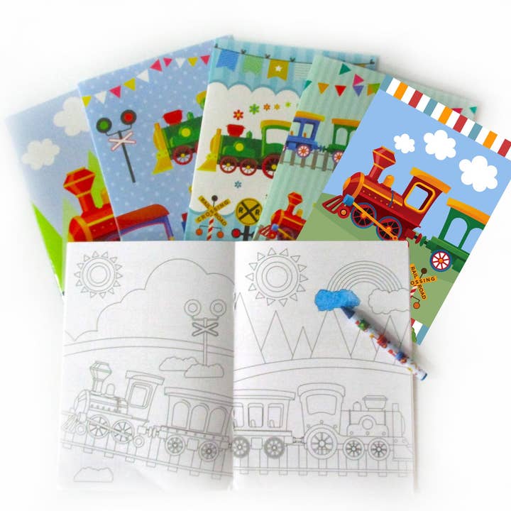 Tåg målarböcker med kritor Party favoriter, uppsättning av 12 för wholesale av Tiny Mills