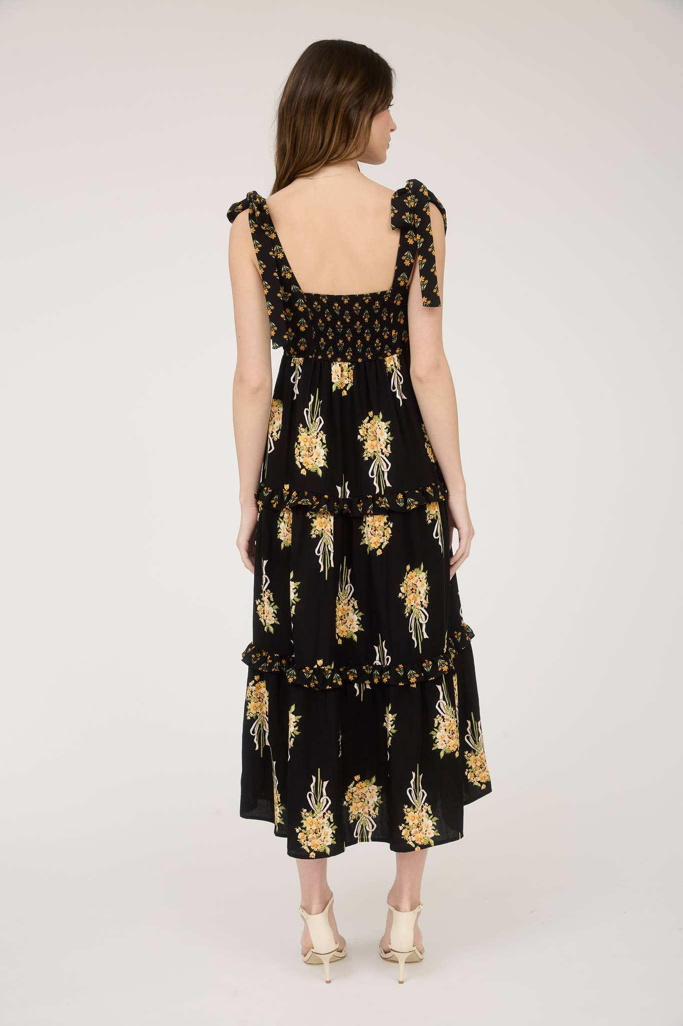 MINE – Vestido - Mulher por atacado – VESTIDO IMPÉRIO COM ESTAMPADO DE RAMALHETE FLORAL E ALÇAS DE ATAR EM CAMADAS12