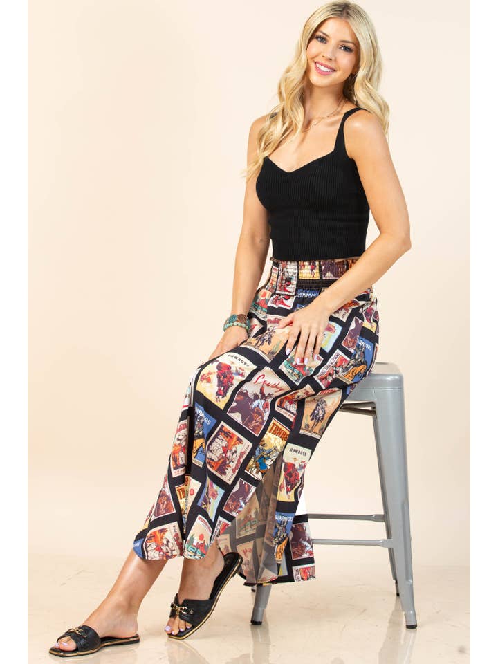 Negro Multi FALDA DE CINTURA ELÁSTICA AHUMADA CON ESTAMPADO VAQUERO VINTAGE AV1213-TESS de venta al por mayor en Faire