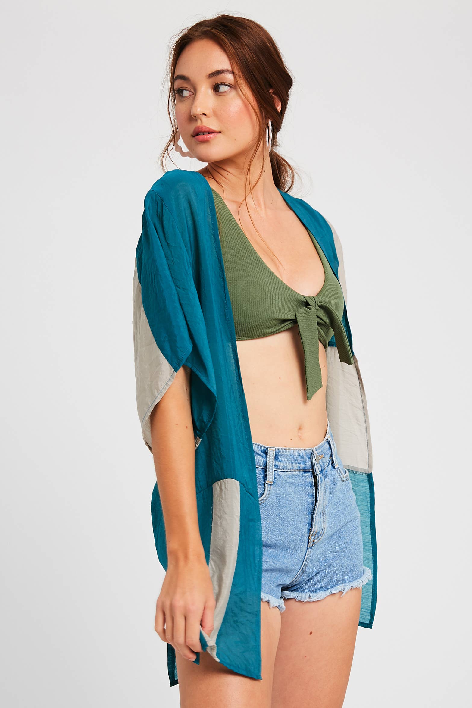 Listicle - Venta al por mayor Kimono - Mujer - Cárdigan Kimono de Bloques de Color Semitransparente15