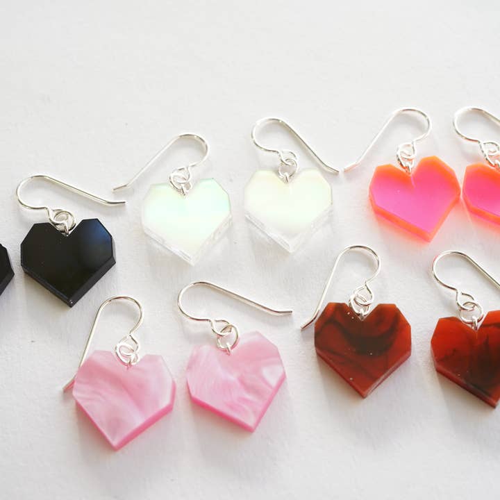 Laser Cut Acrylic Geometric Heart Dangle Earrings for wholesale by Design WhatHaveYou