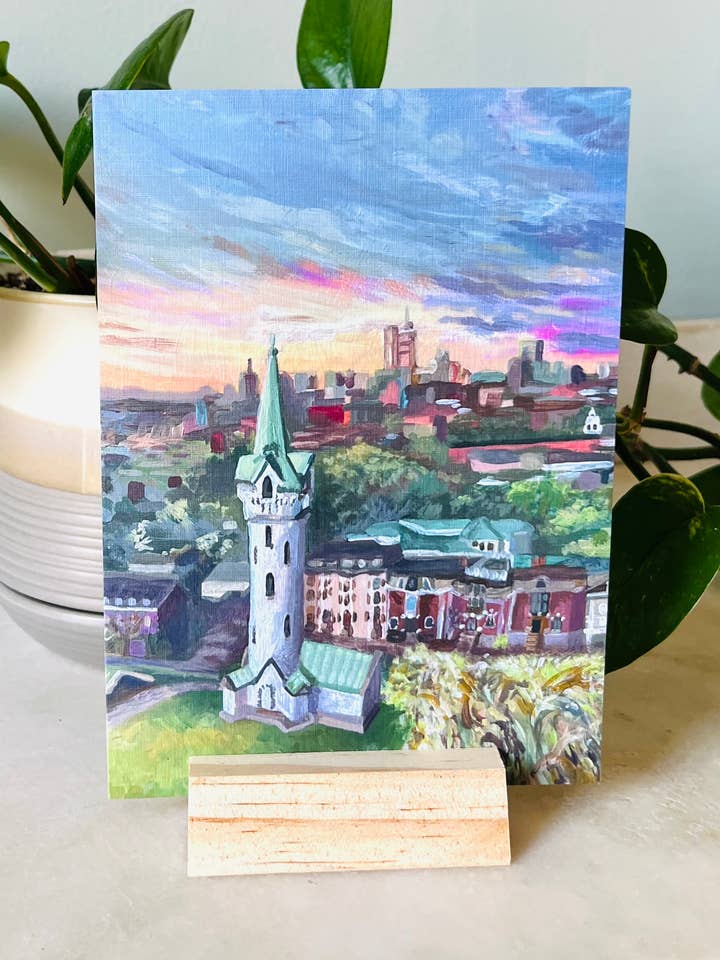 Sunset Boston city skyline with tower - blank greeting card for wholesale by Savell Studio