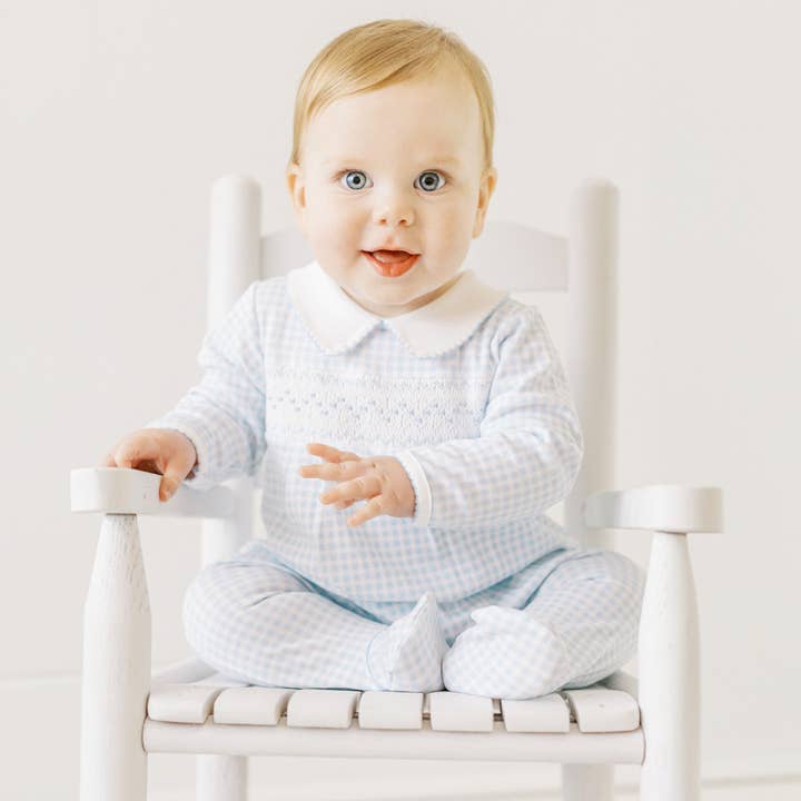 Mini Checks Smocked Collared Footie - Blue for wholesale by Magnolia Baby