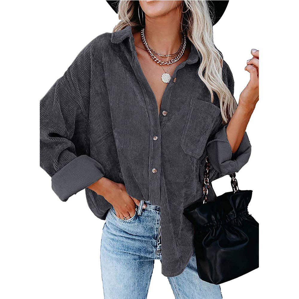 Lovesoft - Wholesale Button Down Shirt - Women's - Women's Solid Color Loose Casual Corduroy Shirt11
