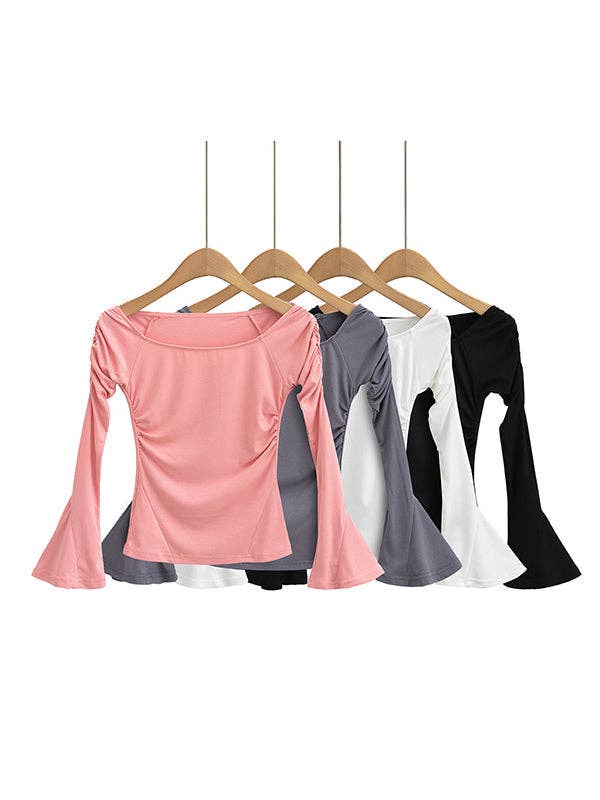UZ Wholesale Store – Engroshandel Strikket top - Dame – Plisserede ensfarvede blussede ærmer Lange ærmer Bådhals T-