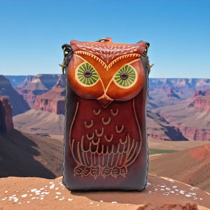 Sunflower Handmade leather inc – Bolsa de telefone - Mulher por atacado – Capa de telemóvel em couro artesanal de coruja12