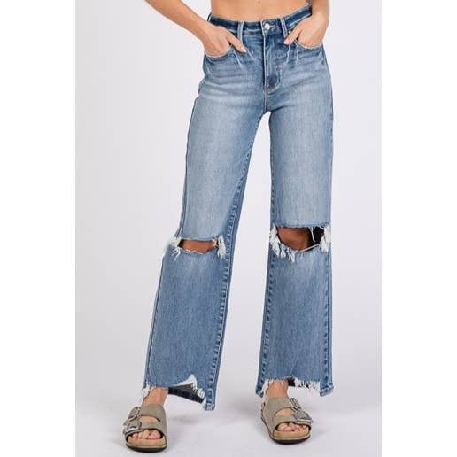 High Rise Slim Wide Leg Denim Jean w_Destroyed for wholesale by BNS