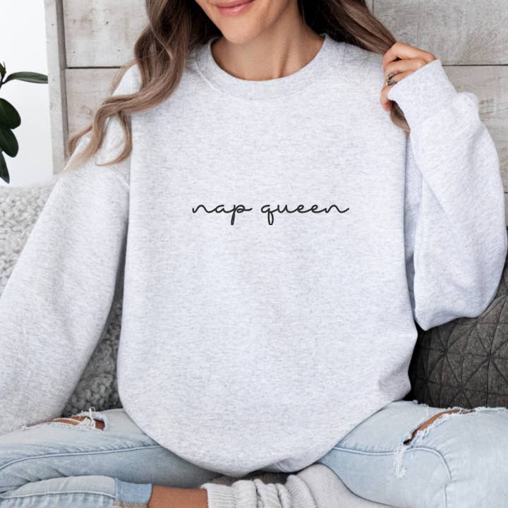 Nap Queen Grey Crew Sweatshirt, Black Print for wholesale by Hunter Kouture