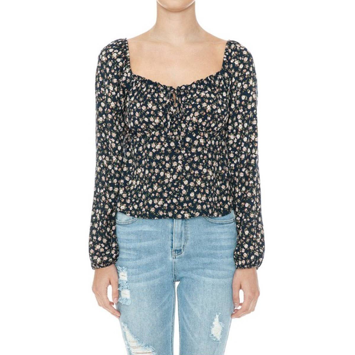 UP CLOTHING - Wholesale Knit Top - Women's - Floral Print Long Sleeve Peasant Woven Top4