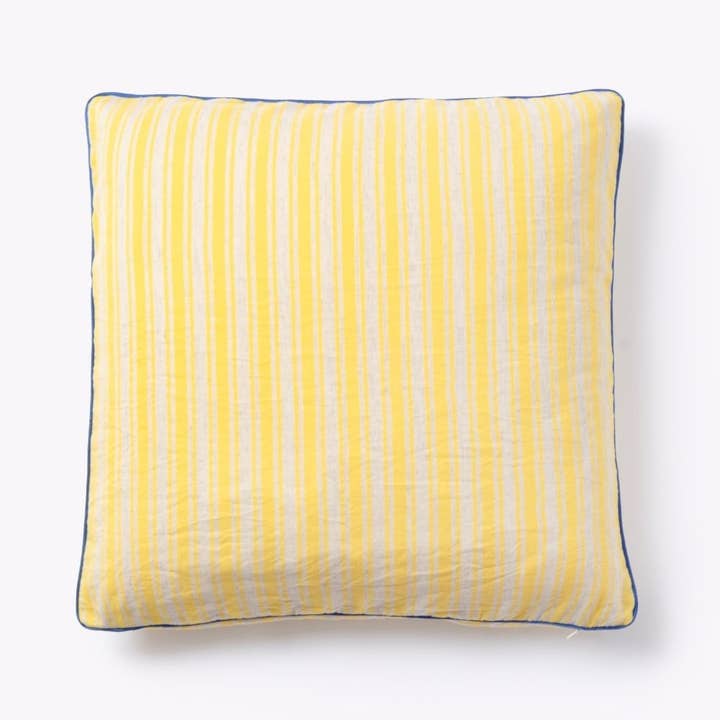 Adaste Home - Wholesale Throw/Decorative Pillow - Odemis Pillows-Bold Yellow/Ecru Stripes with Blue Piping
