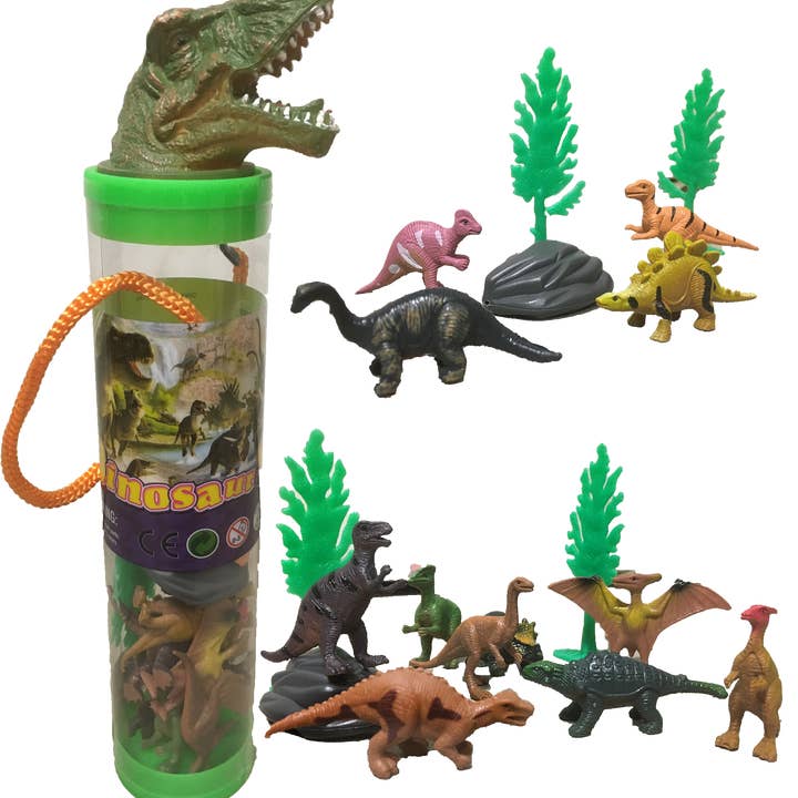 Dinosauriefigurer i genomskinlig tub med T-Rex-huvud som lock för wholesale av Texas Toy Distribution