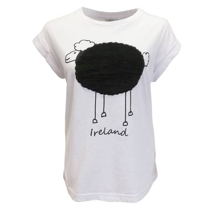 White Rolled Sleeve Plush Sheep Ladies T-Shirt for wholesale by Dublin Gift Company