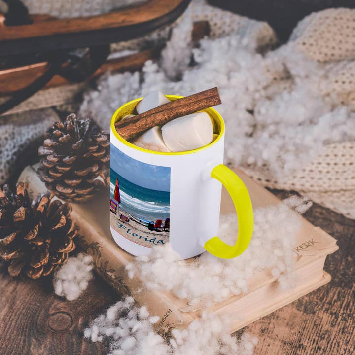 3dRose - Wholesale Coffee mug - 3dRose, beach chairs surfboards umbrellas sand ocean Florida text sm, Mug5