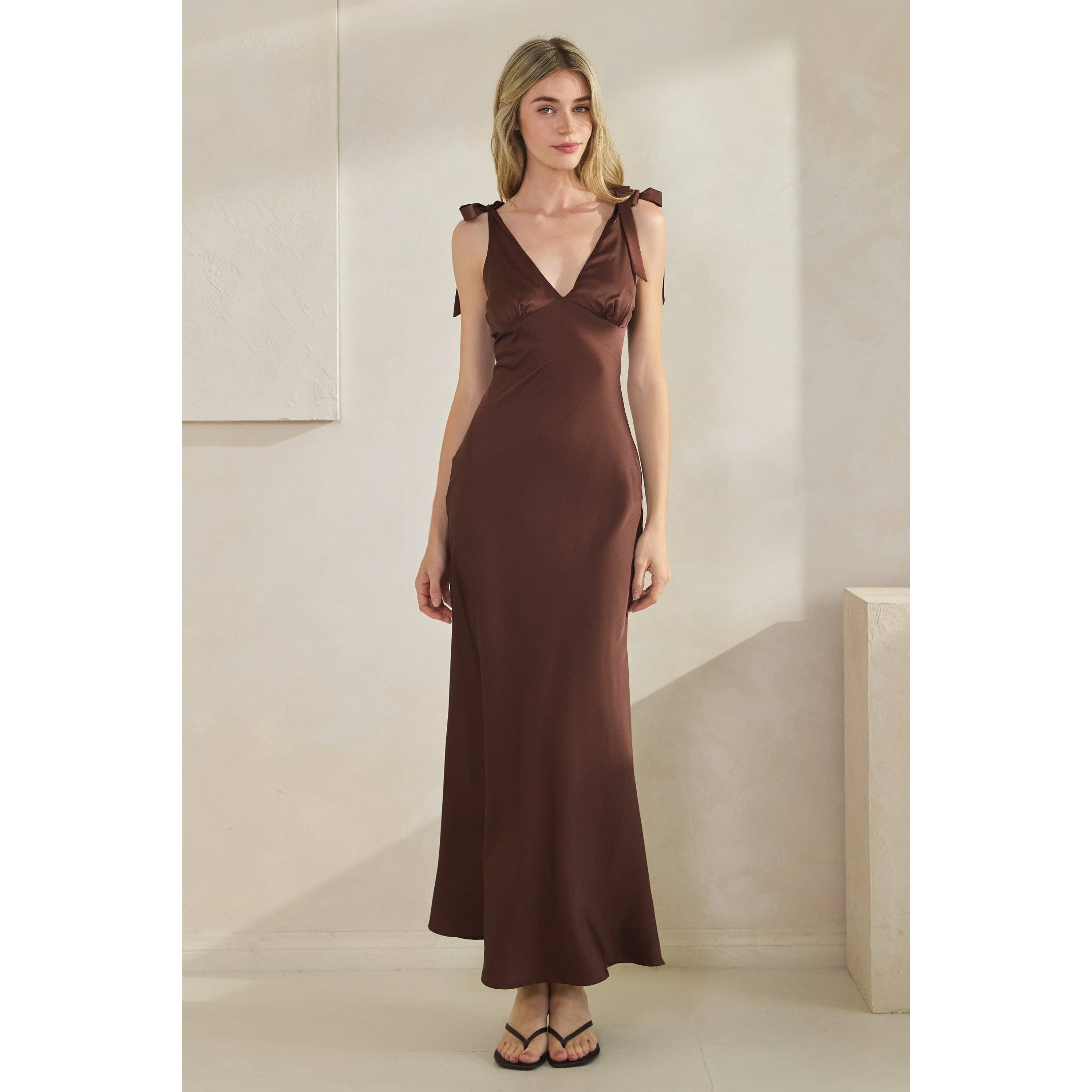 Honey Mango - Wholesale Dress - Women's - Satin Tie Shoulder Maxi Dress0