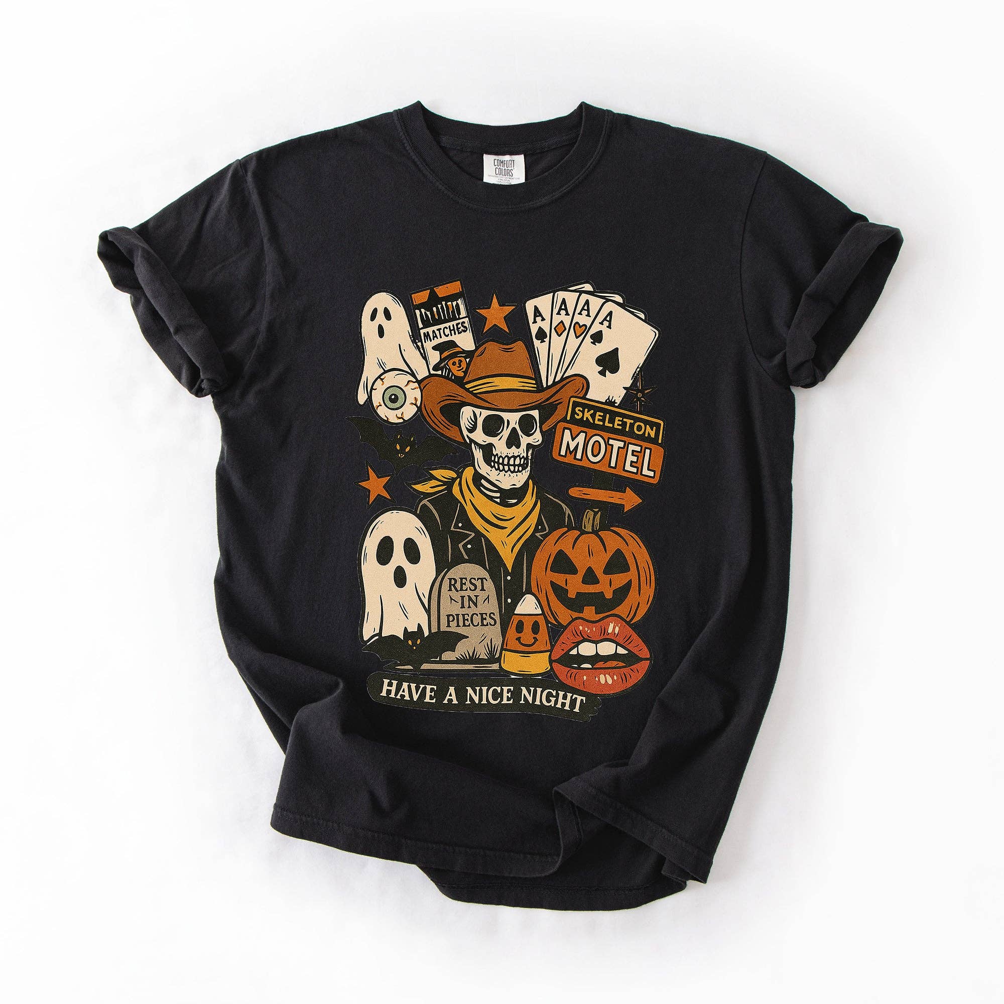 Refinery Number One LLC - Vente T-shirt à imprimés – unisexe - T-shirt rétro squelette motel, classique, vintage Halloween0