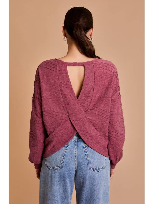 Wine LONG SLEEVE BACK OVERLAP TOP for wholesale on Faire