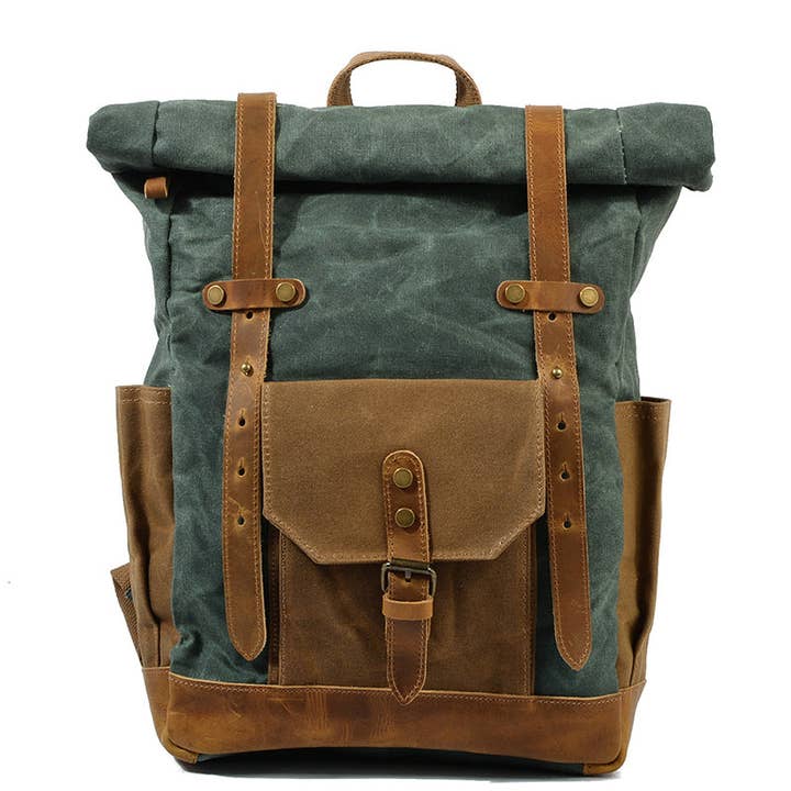 RockCow Leather Studio - Wholesale Backpack - Unisex - Wax Canvas With Full Grain Leather Travel Backpack Waterproof Waxed Canvas Laptop Rucksack Canvas Outdoor Backpack3