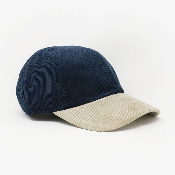 Casquette 6 panneaux en velours côtelé bleu marine et beige pour la vente par Storied Hats