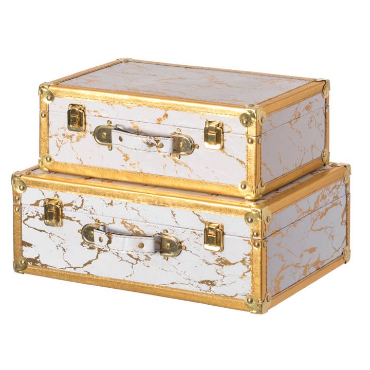 Quickway Imports – wholesale Decorative box – Set of 2 Luxury Marble White and Gold Hand Luggage Suitcase