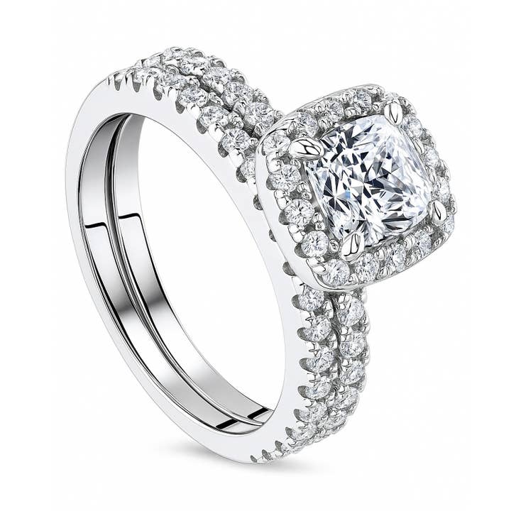 BERRICLE Sterling Sølv Halo Cushion CZ Forlovelsesringsæt for engroshandel hos BERRICLE