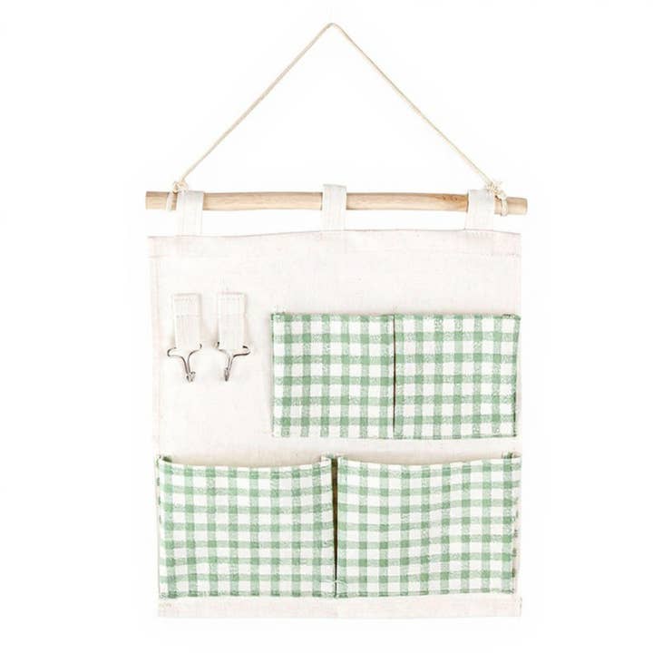 Hanging Wall Organizer with Green Gingham Pockets and Wooden Rod 12x14in for wholesale by AK Brand