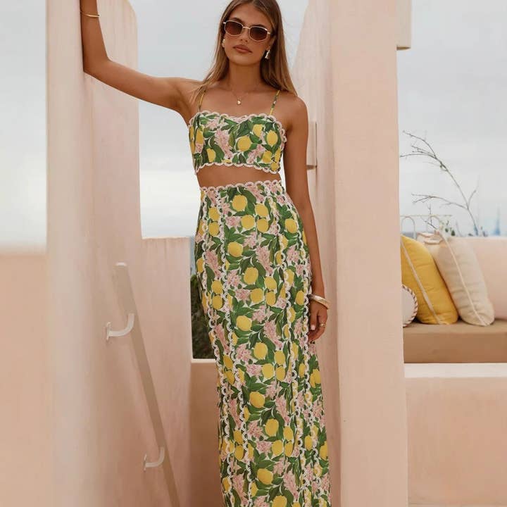 Lace Trim Camisole Linen Split Set Elegant Style for wholesale by Halcyon Outfitters®