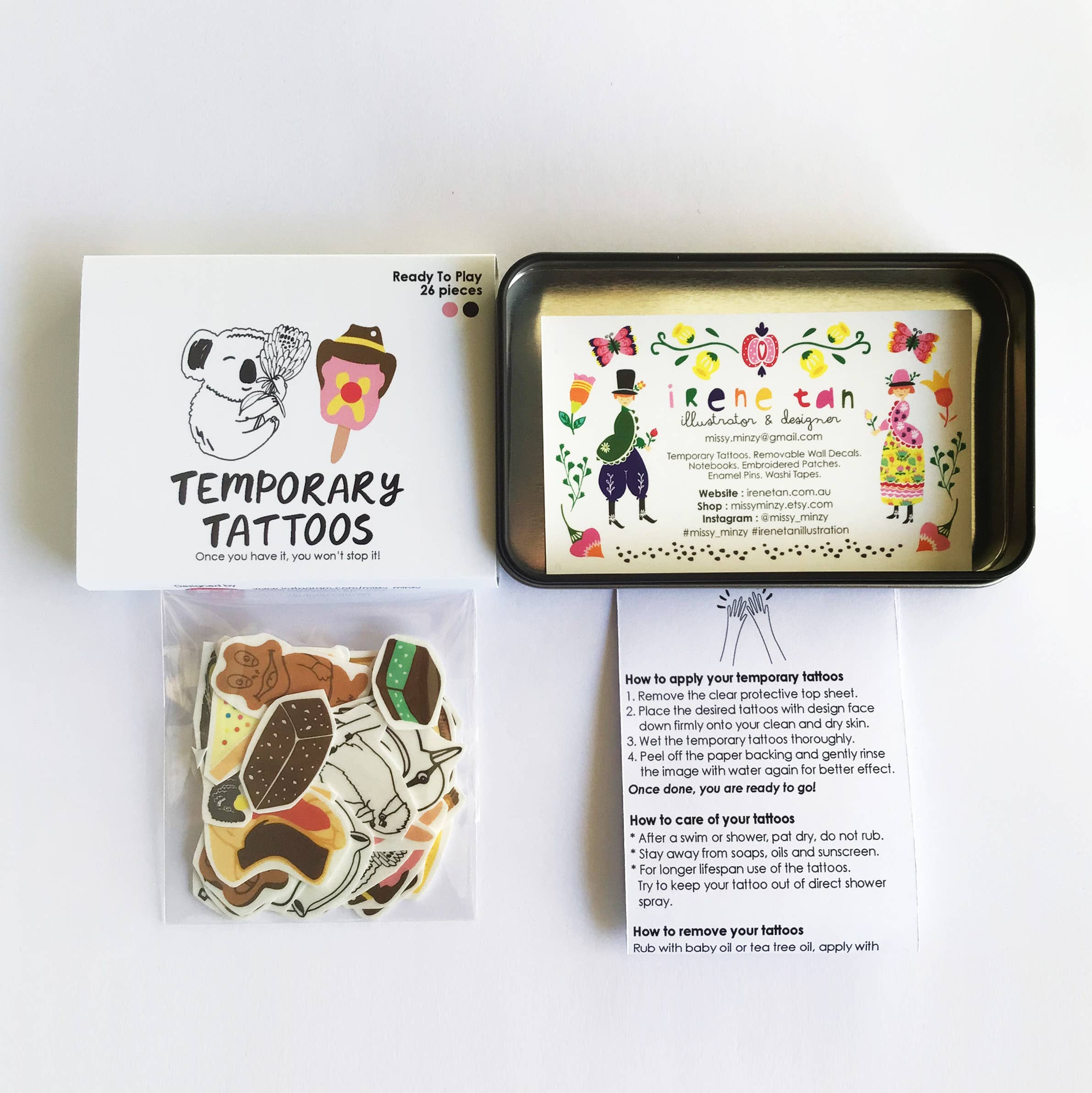 Missy Minzy - Vente Tatouages temporaires - Australiana Animal in Food | Tatouages tempérés prédécoupés en aluminium. Étain2