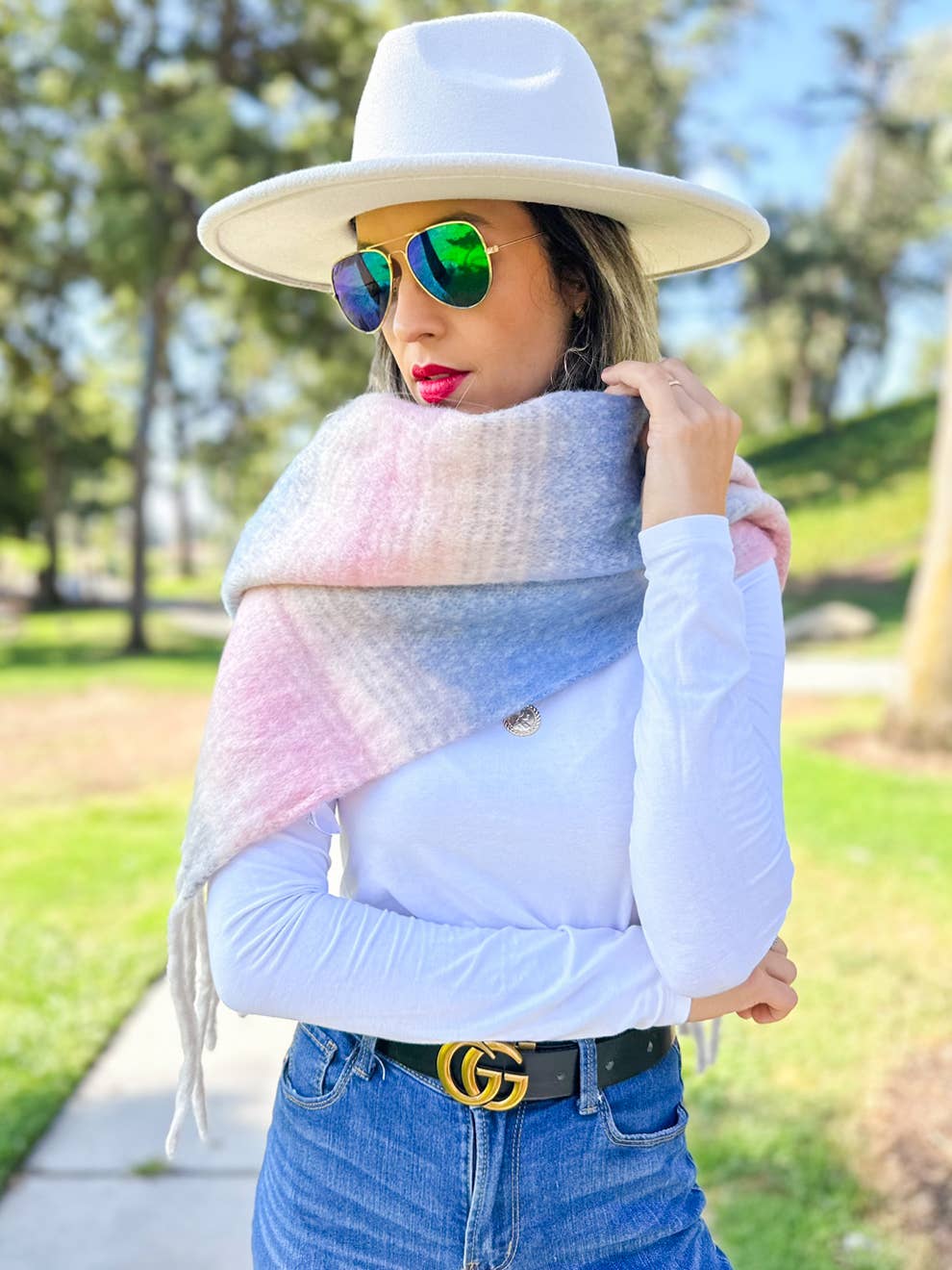 Multi Two-Tone Printed Knit Oblong Scarf with Tassels for wholesale on Faire5