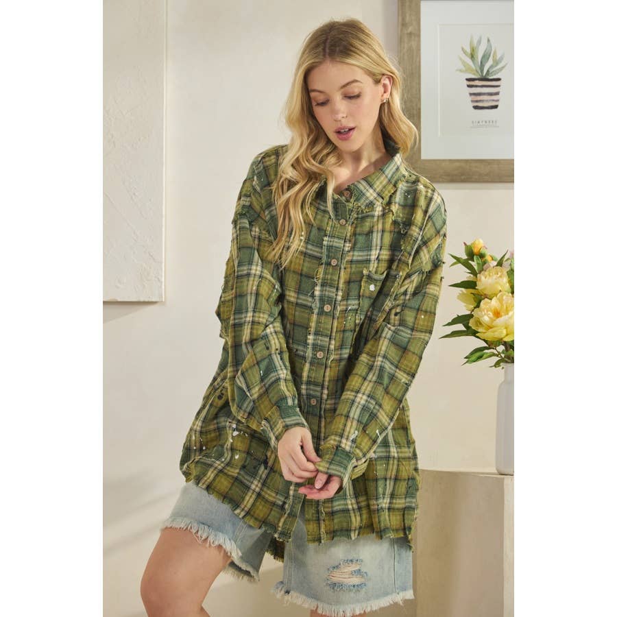Oli&Hali – wholesale Shirt – Women’s – WASHED BUTTON DOWN LONG SLEEVE PLAID SHIRT2