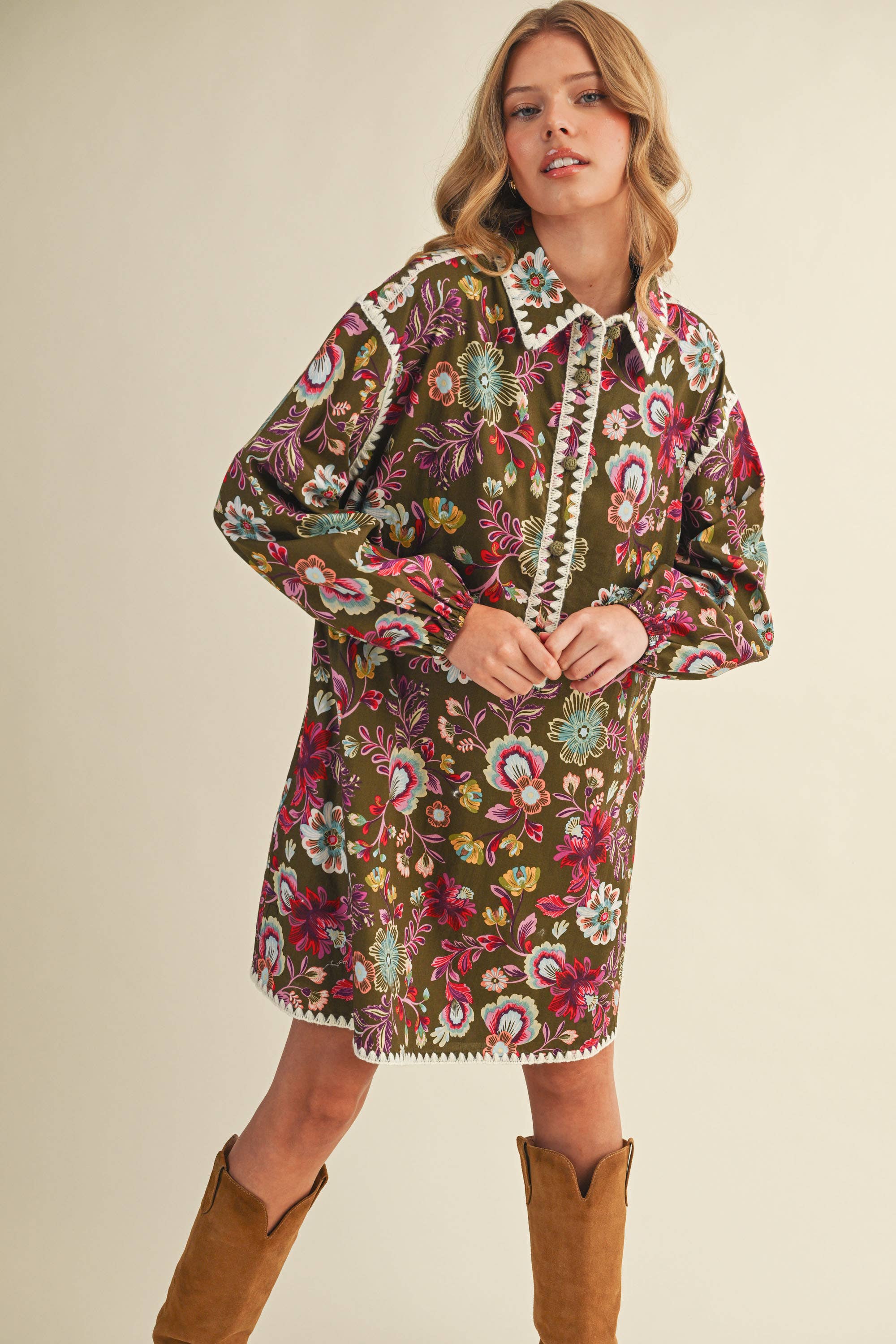 &MERCI - Wholesale Dress - Women's - EXCLUSIVE PRINT BLANKET STITCH BUTTONED MINI DRESS MDR429816