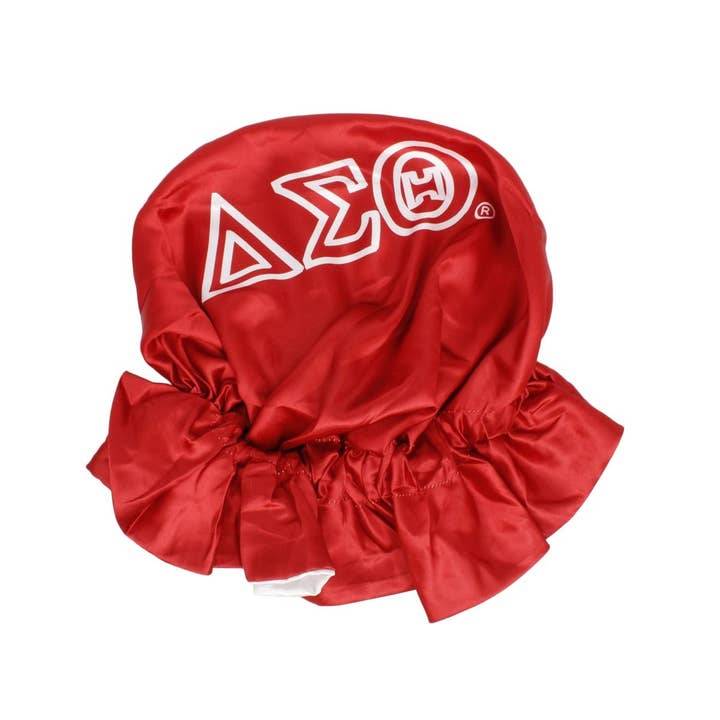 DST Sorority Red White Satin Sleep Bonnet Cap for wholesale on Faire1