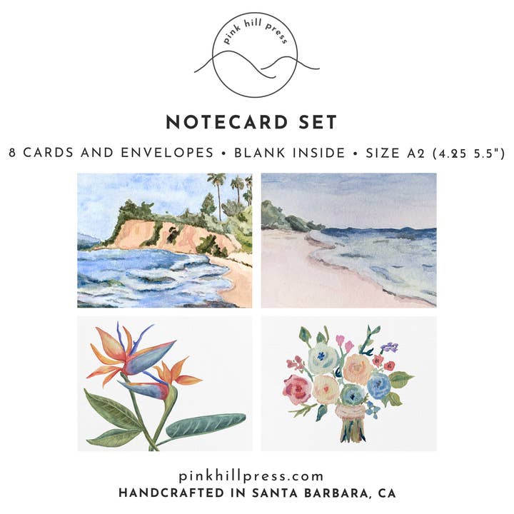 Set di cartoline vuote, Carte ad acquerello fatte a mano, Confezione da 8 carte per la vendita all'ingrosso da parte di Pink Hill Press