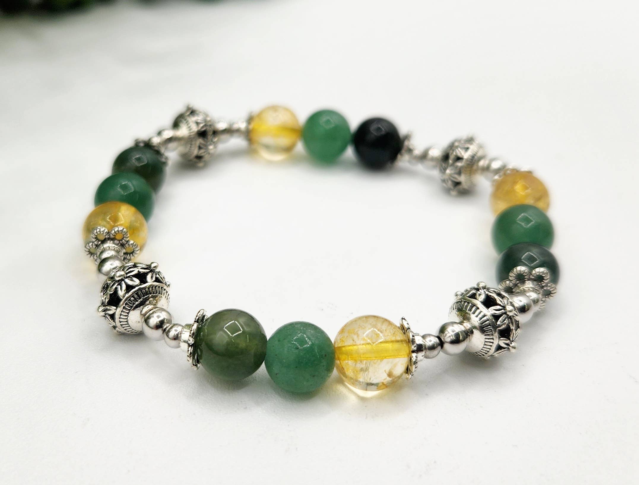 Meraki Gemstones - Wholesale Beaded Bracelet - WEALTH - Moss Agate, Green Aventurine, Citrine Bracelet 7.5"5