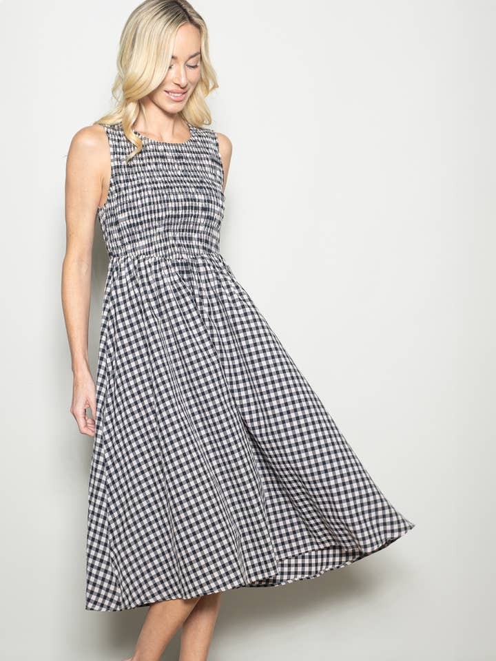 Sleeveless Wide Flare Smocked Cotton Gingham Midi Dress for wholesale by Elloh Collection