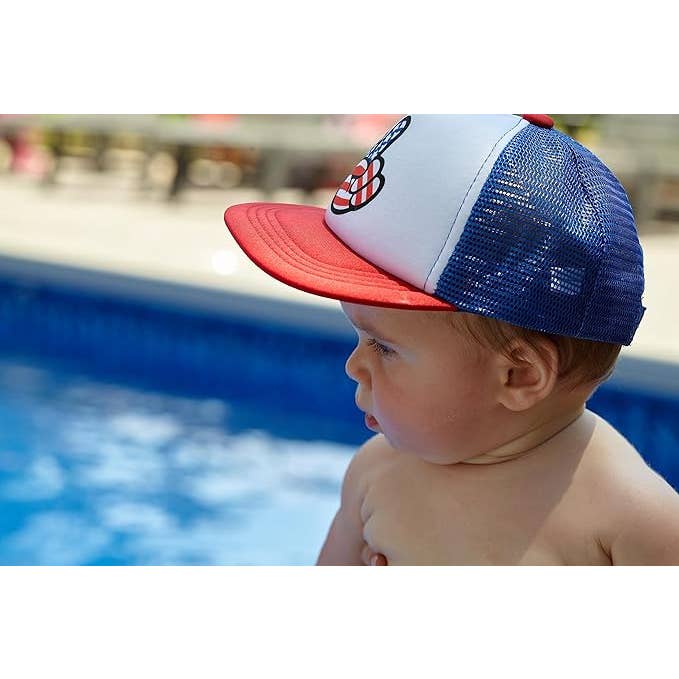 Funky Junque - Wholesale Kids Hat - Kids - Flat Brim Trucker Hat: USA Peace Fingers (White/Red/Blue)4